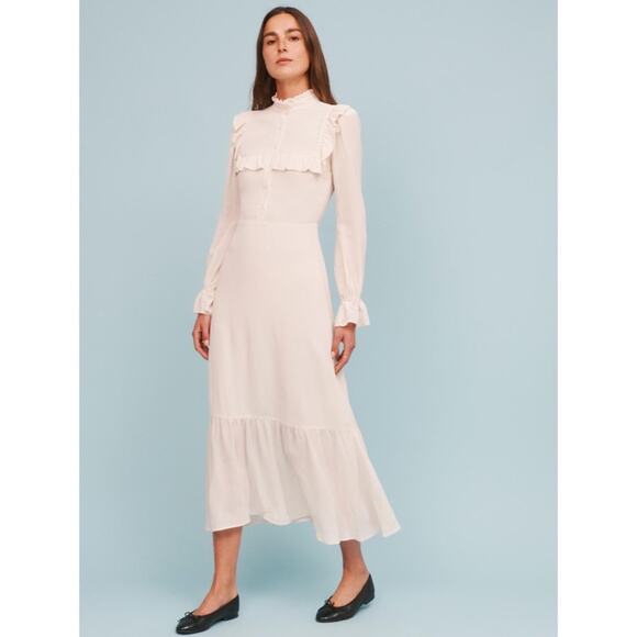 Reformation Hallie Victorian Ruffle Floral High Neck Dress in Cream Size 4 - Picture 1 of 9